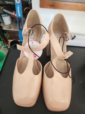 pop Nude Patent T-Strap Block Heel Pumps